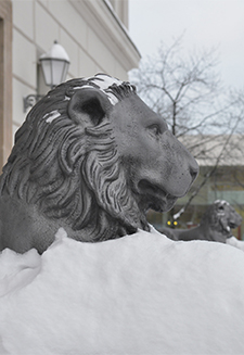 Löwenfigur im Schnee